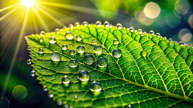 Fresh green leaf adorned with tiny, glistening water droplets, glistening in the sunlight, creating a mesmerizing pattern of nature's beauty and serenity.