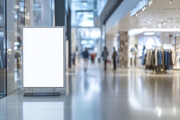 Blank signboard is standing in a busy shopping mall with blurred shoppers in the background