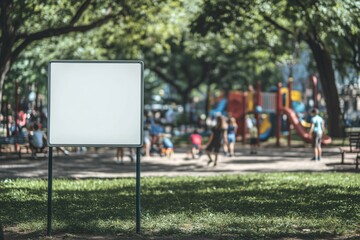 Children playing in a city park with a white empty signboard in the background on a sunny summer day