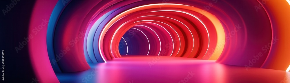 Poster vibrant neon light tunnel with colorful, futuristic, glowing arches creating an abstract and mesmeri