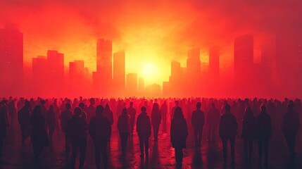 Silhouettes of People Against a Red Sunset Cityscape