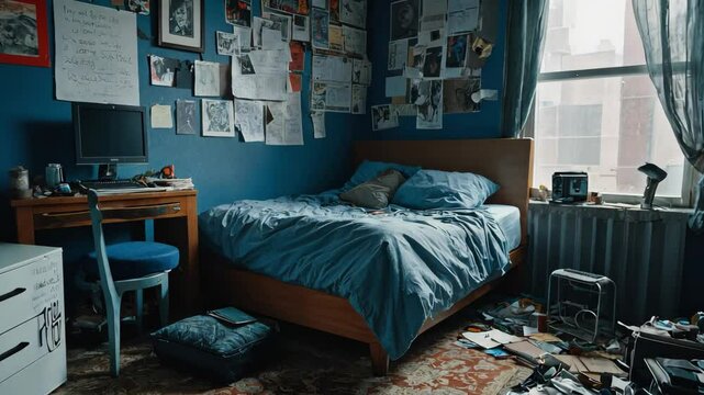 Video footage of messy bedroom with a disheveled bed, scattered clothes, and various items strewn across the floor