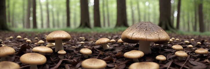 Close-up view of brown mushrooms with white spots growing in a forest environment