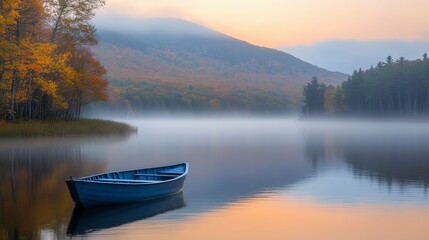 A peaceful river winding through a valley blanketed in autumn colors, with a small rowboat drifting on the water, mist rising from the surface, and mountains in the background tinged with the golden 