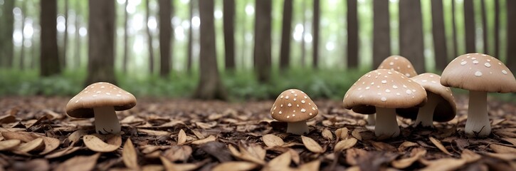 Group of brown mushrooms with white spots growing on forest