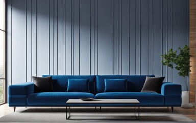 Blue sofa against paneling wall. Minimalist loft home interior design of modern living room