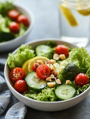 A refreshing salad made of leafy greens, avocado, cherry tomatoes, and nuts, served in a simple white bowl, with a light drizzle of olive oil and a glass of water infused with lemon slices on the side
