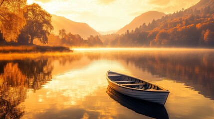 A peaceful river winding through a valley blanketed in autumn colors, with a small rowboat drifting on the water, mist rising from the surface, and mountain