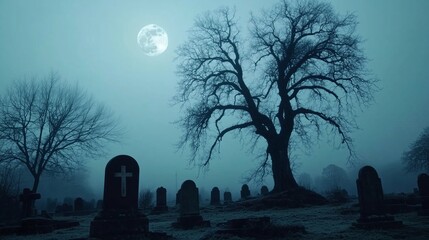 A spooky, fog-covered graveyard on Halloween night, with tombstones, leafless trees, and a full moon casting an eerie light, creating a haunting yet beautiful scene