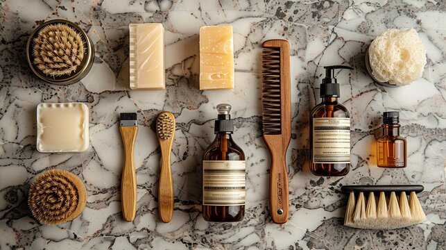 Shaving accessories for men flat lay on marble table: handmade soap, razor, shaving brush, foam gel, wooden comb.