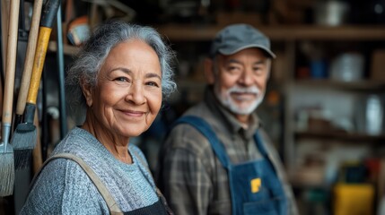 Obraz premium A man and a woman are smiling at the camera. The woman is wearing a blue apron and the man is wearing a blue hat