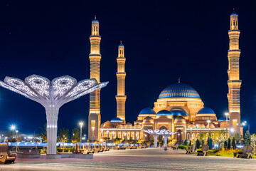 Landscape muslim Grand white mosque night light, Astana, Nur Sultan Kazakhstan