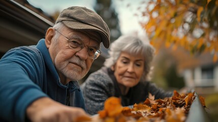 A man and a woman are looking at leaves on a gutter. The man is wearing a hat and glasses