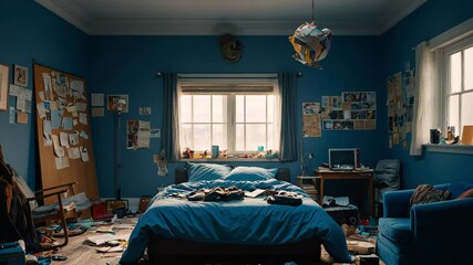 Video footage of bedroom with blue walls and a blue bedspread, room is cluttered with various items scattered on the floor