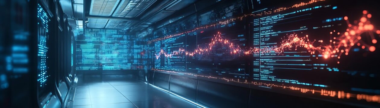 A digital interface in a futuristic research facility displaying the genetic mutations of Monkeypox Clade 1b