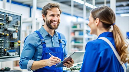 Obraz premium Friendly repair expert in a blue jumpsuit smiles while explaining technical details to a satisfied client in a modern electronics store setting.