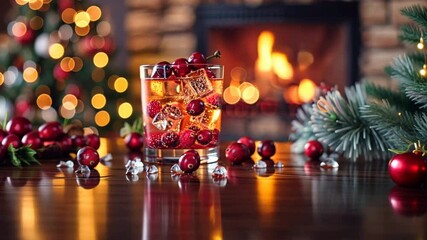 Christmas Cheer by the Fireplace: A festive cocktail with cranberries and ice glistens on a table adorned with holiday decor, as a warm fireplace crackles in the background, evoking a cozy and magical