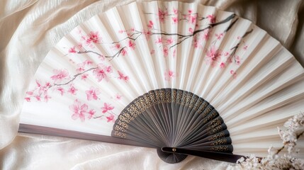 Hand Fan Decorated with Pink Flowers..