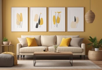 Beige sofa with yellow pillows and two side tables with lamps against vibrant yellow wall with poster frame. Classic home interior design of modern living room