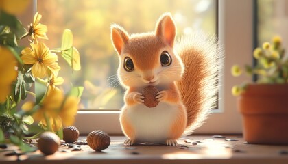 Cute Squirrel Sitting on Ground with Nuts in Autumn Forest
