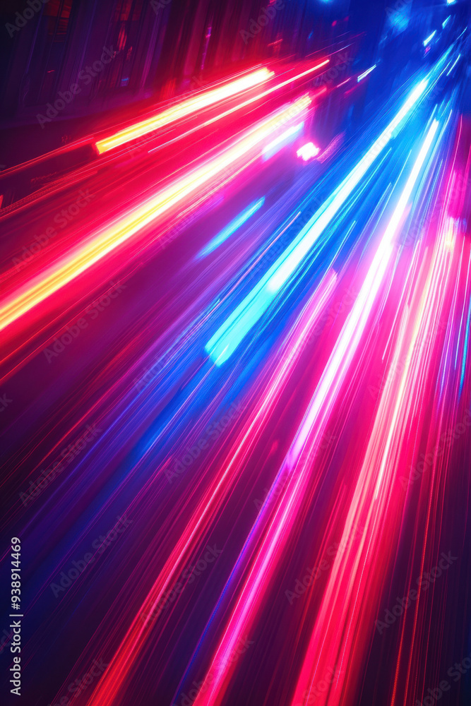 Poster Neon Light Streaks,  A dynamic display of vibrant red and blue neon light streaks, creating an eye-catching and colorful visual effect for any design project