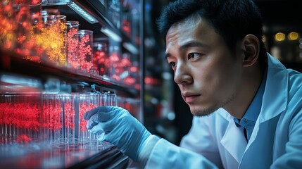 A researcher in a high-tech lab using AI to identify potential vaccine targets for Monkeypox Clade 1b, emphasizing the integration of technology in vaccine development