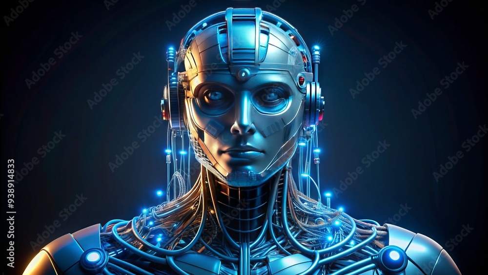 Poster futuristic metallic robot bust with glowing blue circuits and wires, set against a dark background, 
