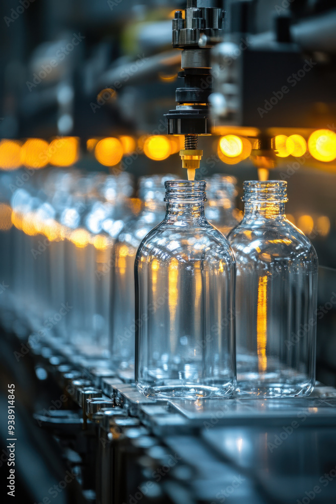Poster glass bottling, an automated assembly line efficiently processes glass bottles, showcasing a seamles