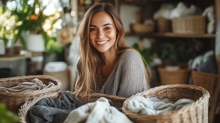 A woman sorting laundry into baskets, preparing for an easy wash day with a smile on her face.