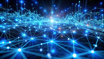 Fototapeta premium Futuristic neural network visualization with glowing blue data streams and algorithms processing massive information flows, representing artificial intelligence and analytics innovation.