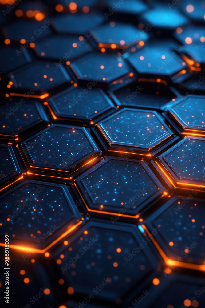 Poster hexagonal technology pattern, a hexagonal design featuring glowing blue and orange elements on a dar