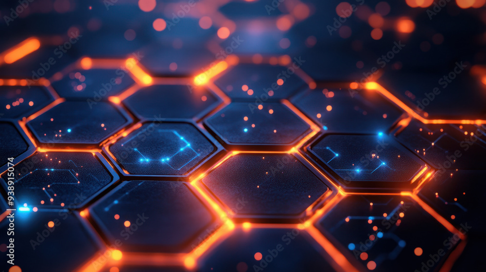 Poster hexagonal technology pattern, a hexagonal design featuring glowing blue and orange elements on a dar