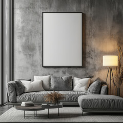 A vertical frame mockup hanging on the wall of an industrial-style living room. The room features a grey sofa and coffee table with white cushions, a lamp, a carpet, concrete walls