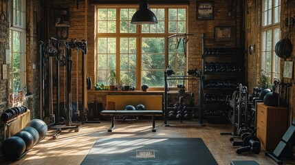 A well-equipped home gym with a variety of fitness equipment, showing dedication to a home fitness routine.