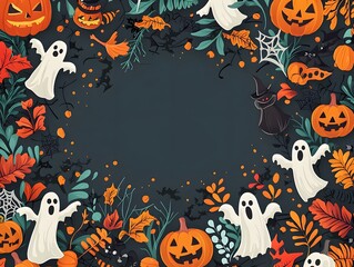 Spooky and Festive Halloween Scene with Pumpkins Ghosts and Autumn Foliage