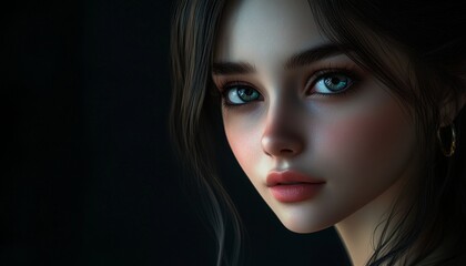 Fototapeta premium Brunette on a Dark Background with Intense Stare and Soft Lighting