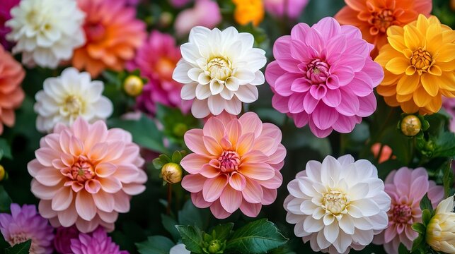 pinks, orange and white Dahlia flowers. Colorful dahlia garden flowers, wallpaper backdrop. Blossoming dalias bloom. Generative ai