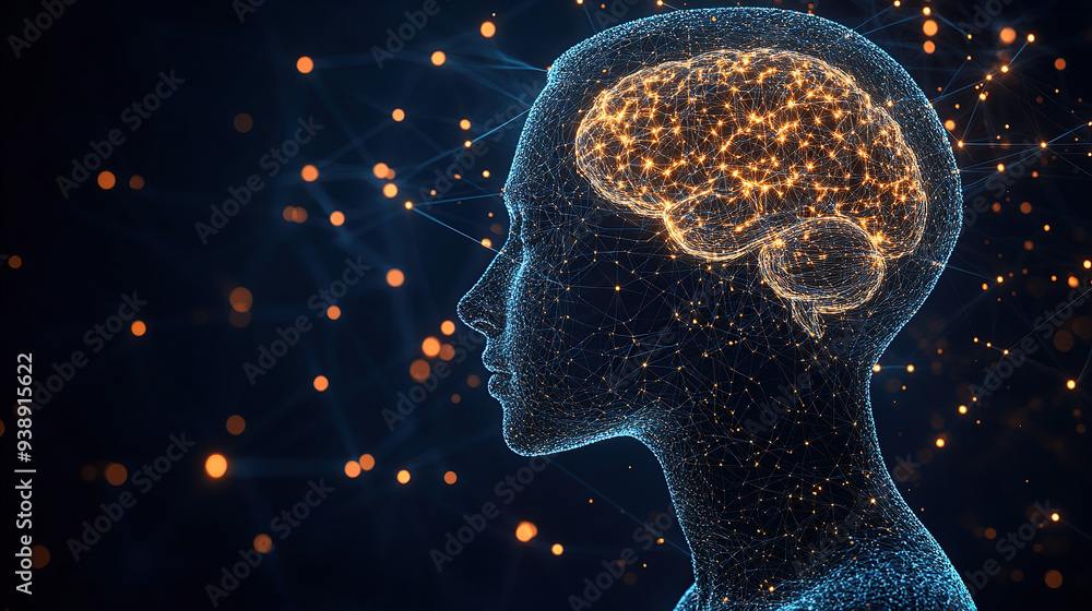 Poster 3d rendering of a human head with a glowing brain and a digital network on a dark blue background