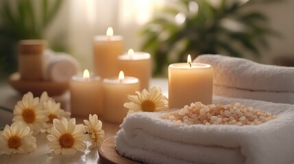 A relaxing home spa day setup, complete with candles, soft towels, and soothing bath products, offering a peaceful retreat.