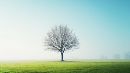 Obraz premium Lone Tree in a Misty Field - Tranquil Landscape