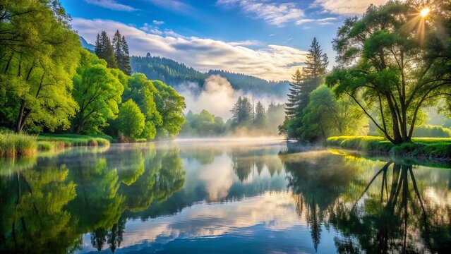 gentle mist rises from tranquil lake, surrounded by lush greenery and majestic trees, evoking a sense of peacefulness and calm contemplation.