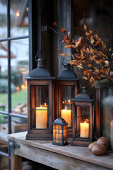 Decorative Lanterns,  A lovely collection of decorative lanterns that emit a warm glow, ideal for creating cozy settings and enhancing rustic decor themes
