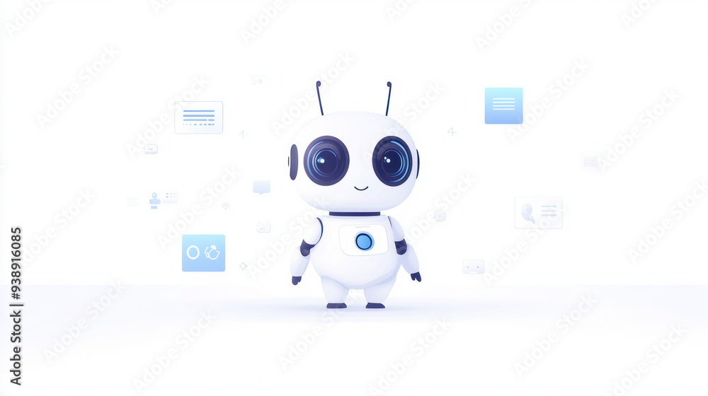 Poster chat bot icon, an engaging 2d depiction of an ai chatbot character with large expressive eyes, situa