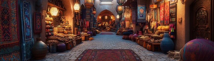 Fototapeta premium A vibrant and cozy market corridor filled with colorful textiles, lanterns, and pottery, showcasing Middle Eastern culture and craftsmanship.