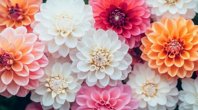pinks, orange and white Dahlia flowers. Colorful dahlia garden flowers, wallpaper backdrop. Blossoming dalias bloom. Generative ai