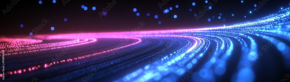 Poster abstract background with vibrant pink and blue light streaks curving through a dark space. futuristi