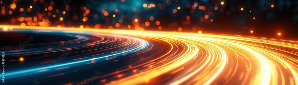 Poster abstract light trails captured in a dynamic motion blur, showcasing vibrant colors and a sense of sp