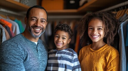 Obraz premium A multicultural family organizing their closets, sorting clothes and shoes together with smiles