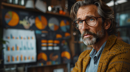 Middle-aged man with glasses and beard focuses on analyzing business charts and graphs in an office environment