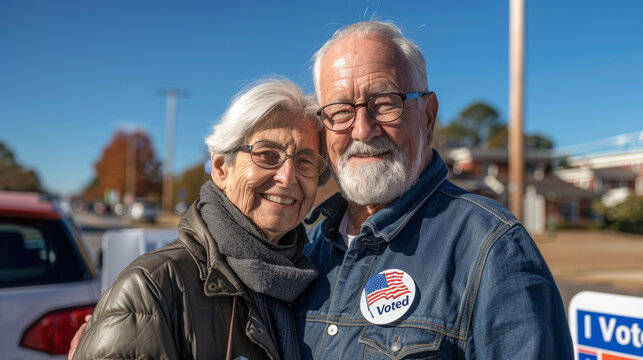 A senior couple standing outside a polling station, smiling with "I Voted" stickers, showcasing their participation in the election process. - Powered by Adobe